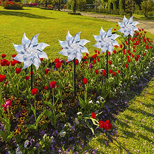Hausse 10 Pack Reflective Pinwheels with Stakes (Assembly Required), Extra Sparkly Pin Wheel for Garden Decor, Bird Repellent Devices Deterrent to Scare Birds Away from Yard Patio Farm - color: Silver