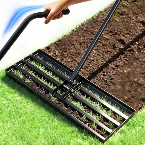 Lawn Leveling Rake, 30" x 10" Stainless Steel Head, Ergonomic Bent Handle, Level Soil & Sand, 6ft Long Handle for Yard, Garden, Sports Field - size: 30"x10"