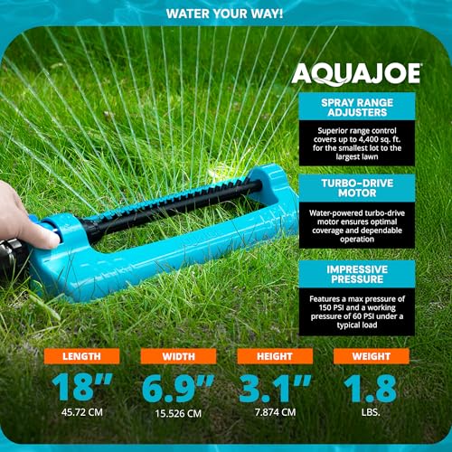 Aqua Joe Oscillating Sprinkler with Metal Ground Spike, Adjustable Spray Position Irrigator for 4400 Sq Ft Coverage Compatible with Garden Hoses