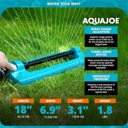 Aqua Joe Oscillating Sprinkler with Metal Ground Spike, Adjustable Spray Position Irrigator for 4400 Sq Ft Coverage Compatible with Garden Hoses