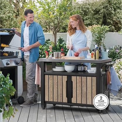 Keter Unity XL Outdoor Entertainment Cart with Wood‑Look Finish, 78‑Gallon Patio Storage Cabinet, Food Prep Station, Stainless‑Steel Top for BBQ, Grill, Patio, Deck & Backyard, Ashwood - color: Ashwood