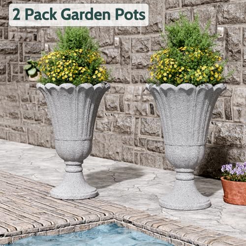 Tall Plastic Urn Planters and Pedestal - 24" Outdoor Planter Grey - color: Gray2-petal