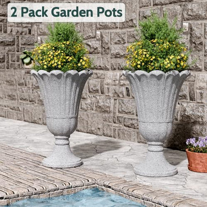 Tall Plastic Urn Planters and Pedestal - 24" Outdoor Planter Grey - color: Gray2-petal