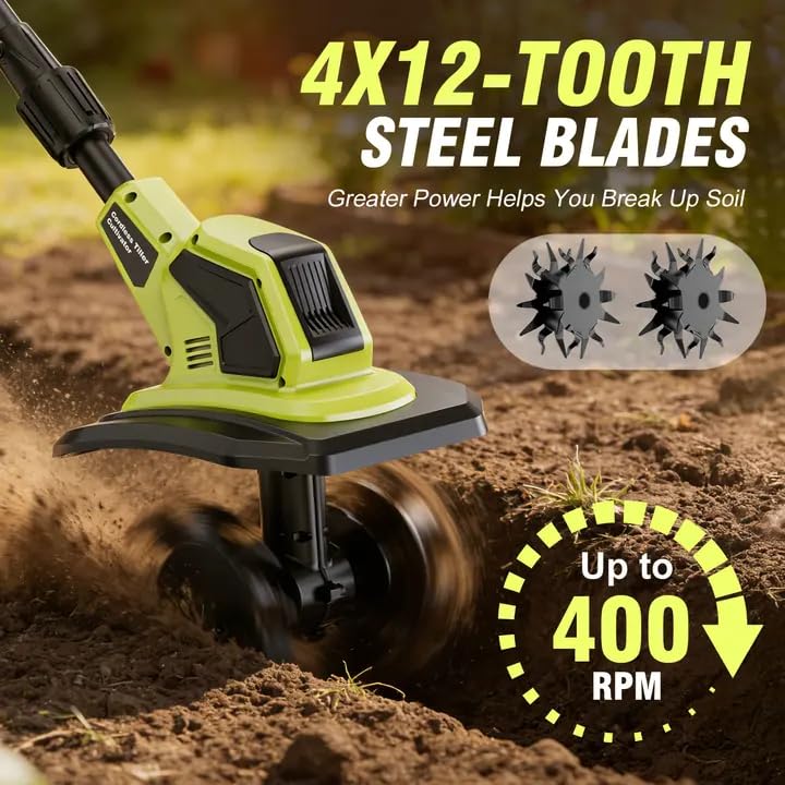Cordless Tiller Cultivator, 21V Lightweight Tiller for Gardening with 2 * Batteries, Brushless Electric Tiller with 48 Steel Tines, 400RPM, 9.5" Tilling Width, 7" Depth for Gardening, Soil Turning
