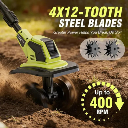 Cordless Tiller Cultivator, 21V Lightweight Tiller for Gardening with 2 * Batteries, Brushless Electric Tiller with 48 Steel Tines, 400RPM, 9.5" Tilling Width, 7" Depth for Gardening, Soil Turning
