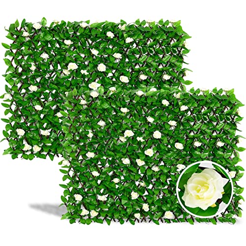 DOEWORKS Expandable Faux Ivy Trellis Fence, Patio Privacy Screen, 2 Pack - color: White Rose Greenery, size: 16 x 45 in, 2 Panel