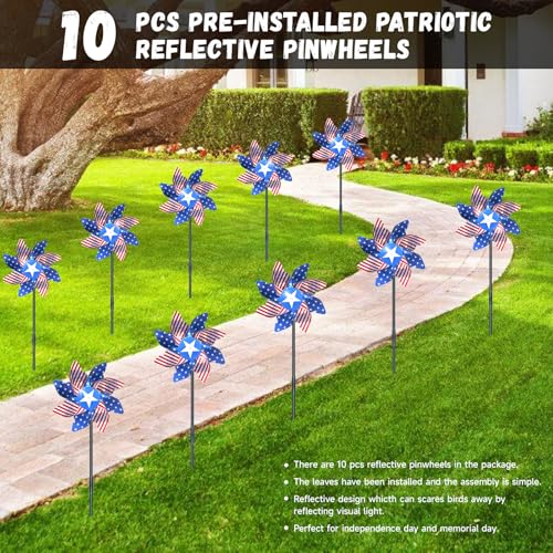 10 PCS Reflective Pinwheels for Yard and Garden Bird Devices Pre-Installed Sparkly Wind Spinner Deterrent to Scare Birds Away from Yard Patio Farm (Red&White&Blue) - color: Red&white&blue