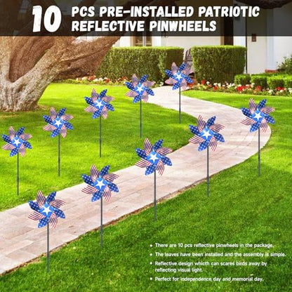 10 PCS Reflective Pinwheels for Yard and Garden Bird Devices Pre-Installed Sparkly Wind Spinner Deterrent to Scare Birds Away from Yard Patio Farm (Red&White&Blue) - color: Red&white&blue
