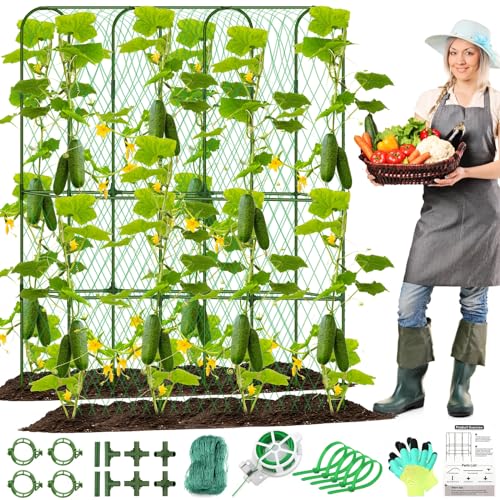 Cucumber Trellis for Raised Bed, Tall Metal Garden Trellis for Climbing Plants Outdoor with Netting, Gloves, Garden Tools, Trellis for Vegetables Plant Support Peas Fruit Flower Grape - color: U-Frame 65'' (H) X 50'' (L)