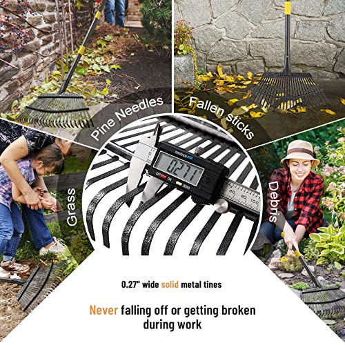 Garden Rake for Leaves, 18" Wide Head, 25 Steel Tines, Adjustable to 74 in - color: matte black, size: 25tine
