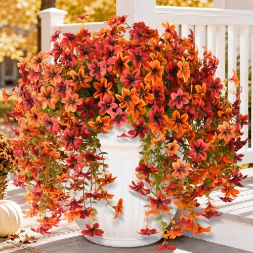 Artificial Hanging Fall Flowers for Outdoors, 2 Pcs Fake Mums Plants - color: Orange Sunset Red