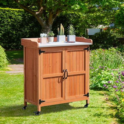 Topeakmart Potting Bench for Outside with Storage Cabinet & Metal Top,Brown - color: Brown