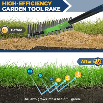 Garden Rake 51" – Dual-Sided Shrub Rake with 13" Sharp Metal Tines, Lightweight Multi-Purpose Yard Tool, Reversible Head for Lawn, Soil, Shrub, Mulch & Leaf Cleanup