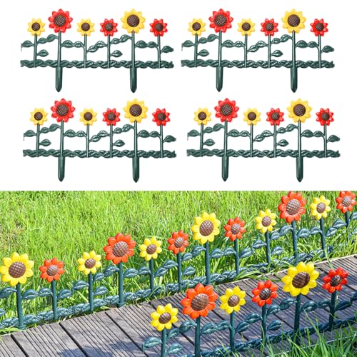 Sungmor Plastic Garden Picket Fence Edging,Sunflower Decor Lawn Flower Bed Border Panels,4 Pack Total 98 Inches Length,Lightweight PP Landscape Path Divider,Easy Install Weather Resistant Yard Edge