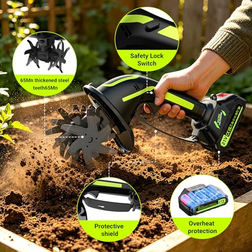 21V Cordless Tiller Cultivator for Gardening, Electric Garden Tiller Hand Tiller with 5.0Ah*2 Battery, Ergonomic Lightweight Handheld for Lawn Soil