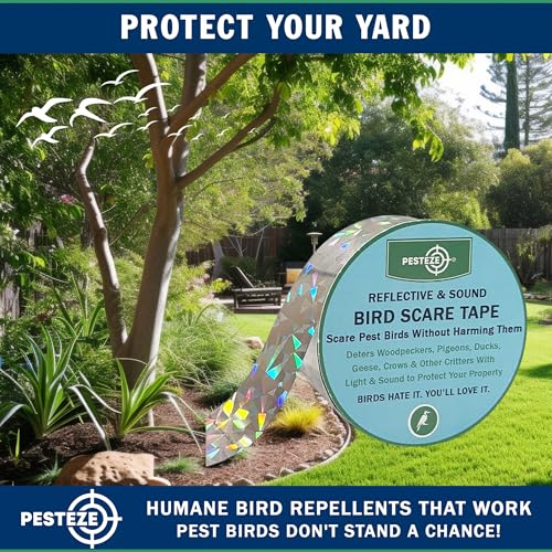 PESTEZE USA Bird Deterrent Reflective Tape–Dual-Sided Holographic Scare Ribbon (2in x 360ft) to Repel Nuisance Birds and Protect Gardens, Patios, Yards & Buildings from Pigeons, Woodpeckers, & Geese