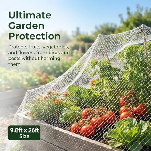 GWHOLE 9,8x26 Ft Bird Netting for Garden, 1in Square Mesh Size，White - size: 9.8x26 ft, 1x1 inch mesh (White, with Cable Ties)