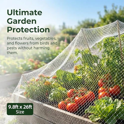GWHOLE 9,8x26 Ft Bird Netting for Garden, 1in Square Mesh Size，White - size: 9.8x26 ft, 1x1 inch mesh (White, with Cable Ties)