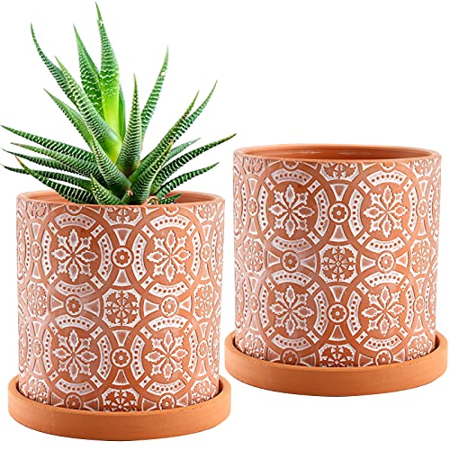 Jucoan 2 Pack Terracotta Plant Pot, 5'' Red Clay Planter Pot with Boho Flower Pattern, Ceramic Cactus Flower Planter Succulent Pot with Drainage Hole and Saucer for Indoor Outdoor Plant