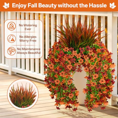 7PCS Artificial Fall Hanging Flowers for Outdoor, Six-Petaled Faux Mums - color: Brown Red