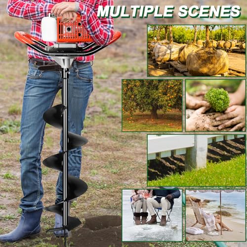 72CC Auger Post Hole Digger, 2 Stroke Gas Powered Earth Post Hole Digger with 3 Auger Drill Bits(3" & 5"& 8") + 2 Extension Rods(24"& 24") for Farm Garden Plant, Orange