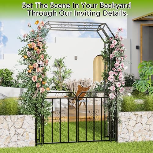 YOHKOH Garden Arch with Gate, Metal Garden Arbor with Gate, Double Lockable Design, 59" W x 15.7" D x 94.8" H Outdoor Arch for Climbing Plants, Heavy-Duty Outdoor Arbor for Wedding, Lawn and Backyard