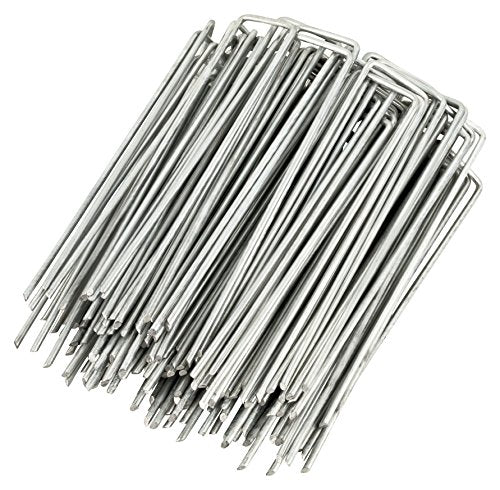 GardenMate 100-Pack Anti-Rust 6'' 11 Gauge Heavy-Duty Flat-Top U-Shaped Garden Stakes Staples Spikes Pins Pegs - Ground Stakes for Anchoring Landscape Fabric - style: 6" 11 gauge galv flat top