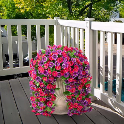 Artificial Flowers with Hanging Basket, Outdoor Faux Plants UV Resistant - color: Hot Pink Purple