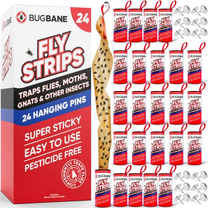Fly Strips Indoor Sticky Hanging 24pk with Pins. Non Toxic Outdoor Fly Trap Indoor for Home. Flies Tape Paper Trap Ribbon Roll for House Gnat Fruit and Housefly. Bug Catchers for Inside Home Flypaper. - size: 24 count