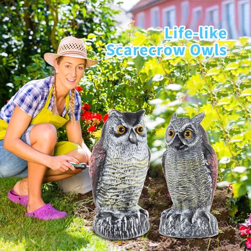 Hedoc 2 Pack Fake Owl Decoys to Scare Birds Away, Great Horned Owl Bird Deterrents, Nature Scarecrow Plastic Pest Repellent, Garden Decor and Yard Decoration for Gardens and Rooftops - style: Great Horned Owl