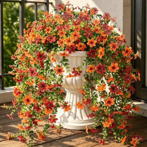 2 Pcs Fall Mums Artificial Flowers Outdoor, 29.5 Inch Fake Hanging Flowers