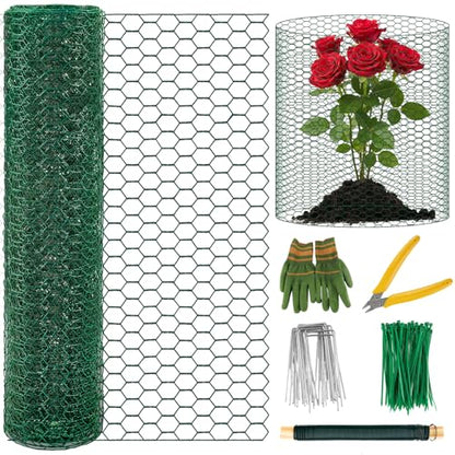 Convivium Plant Protectors from Animals, 0.8mm Free-Cut Green Chicken Wire Mesh, PVC Coated Tree Trunk Guard & Garden Fence for Outdoor Plants with Zip Ties, Stakes, Pliers, Gloves（16.4Ft*16In） - size: 16.4Ft*16In