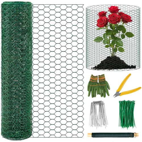 Convivium Plant Protectors from Animals, 0.8mm Free-Cut Green Chicken Wire Mesh, PVC Coated Tree Trunk Guard & Garden Fence for Outdoor Plants with Zip Ties, Stakes, Pliers, Gloves（16.4Ft*16In） - size: 16.4Ft*16In