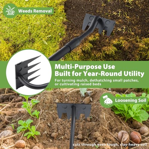 Manual Weeder Tool,4 Tines Garden Weeding Rake with Sharp Blade,55 Inch Long Handle,Heavy Duty Stand Weeding Tool for Weeding Loosening Soil Gathering Leaf Leveling Thatch Rake - style: 4 Teeth