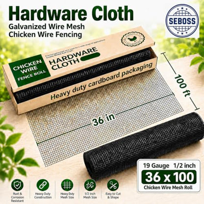SEBOSS Black Hardware Cloth Roll 1/2 inch 36 x 100 Ft 19-Gauge - size: 1/2 inch 36''x100'