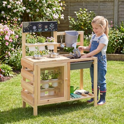 Costzon Mud Kitchen, Wooden Kids Potting Bench w/ 12 Plant Pots - style: With Cabinet