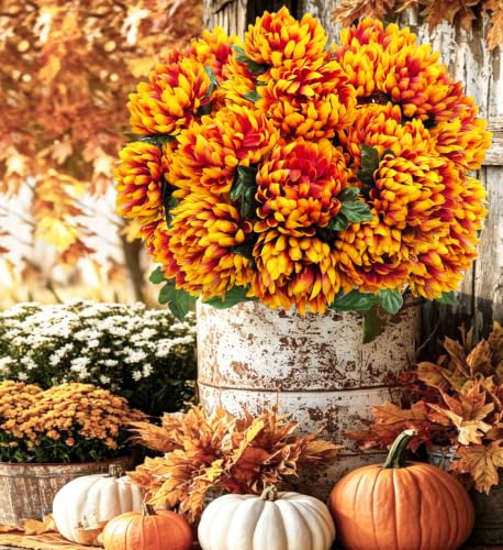 Large Artificial Mums for Outdoors Fall Flowers Silk Chrysanthemum - color: Yellow