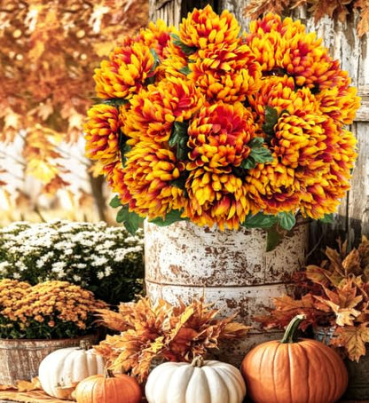 Large Artificial Mums for Outdoors Fall Flowers Silk Chrysanthemum - color: Yellow