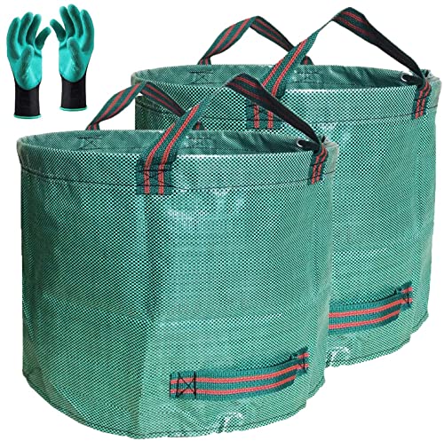 Professional 2-Pack 80 Gallon Big Lawn Garden Bags (D26,H33 inch) Yard Waste Bag with Gardening Gloves for Leaf Bag,Yard Debris,Garden Pruning,Trash Container,Lawn Grass Clippings,Weeds Bags 4 Handles
