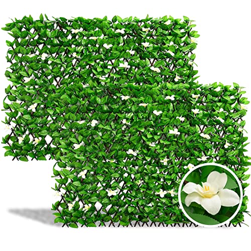 DOEWORKS Expandable Faux Ivy Trellis Fence, Patio Privacy Screen, 2 Pack - color: Green with White Flowers, size: 16 x 45 in, 2 Panel