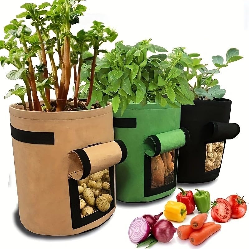 3 Pack of 10-Gallon Potato Planting Bags with Harvest Viewing Window, Thickened Breathable Non-Woven Planters with Handles - Ideal Fabric Planting Containers for Plant Potatoes (Khaki/Green/Black) - color: Khaki/Green/Black