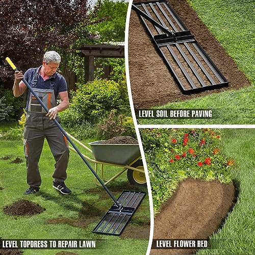 Jardineer 36 Inch Heavy Duty Lawn Leveling Rake, 72 Inch Long Handle Yard Leveler for Grass Soil, Ground Dirt Leveler Tool for Lawn, Garden, Golf Course Maintenance - style: 36inch Lawn Leveling Rake with 72 Inches Long Handle