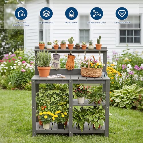 Outdoor Potting Bench Table with Metal Basin - color: Night Frost Gray Finish