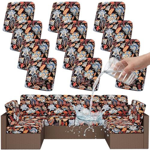 Smiry Waterproof Patio Cushion Covers, Stretch Outdoor Furniture Covers - color: Black and Orange, size: 12PCS