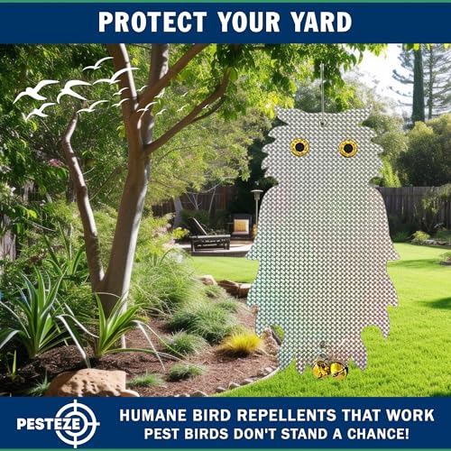 PESTEZE USA Premium Owl Bird Repellent Holographic Decoy with 2 Bells [8.25 × 15 in] Uses Reflective Shine & Sound to Deter Woodpeckers, Pigeons, Crows, Ducks, Geese & Other Outdoor Pests Without Harm