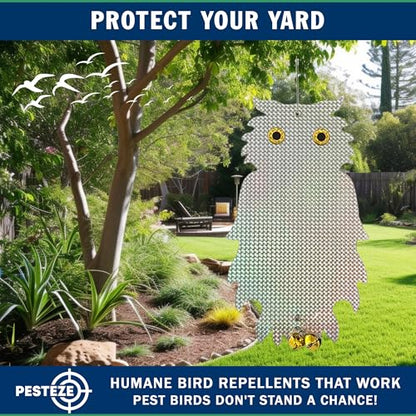PESTEZE USA Premium Owl Bird Repellent Holographic Decoy with 2 Bells [8.25 × 15 in] Uses Reflective Shine & Sound to Deter Woodpeckers, Pigeons, Crows, Ducks, Geese & Other Outdoor Pests Without Harm