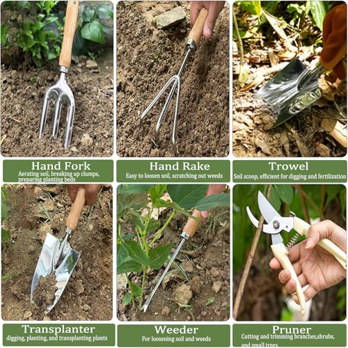 14 PCS Garden Tool Set with Soil Moisture Meter, Stainless Stell Heavy Duty Gardening Hand Tools with Wood Handle, Tote Bag, Repotting Mat, Gardening Tool Set Ideal Gift for Women and Men