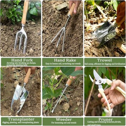 14 PCS Garden Tool Set with Soil Moisture Meter, Stainless Stell Heavy Duty Gardening Hand Tools with Wood Handle, Tote Bag, Repotting Mat, Gardening Tool Set Ideal Gift for Women and Men