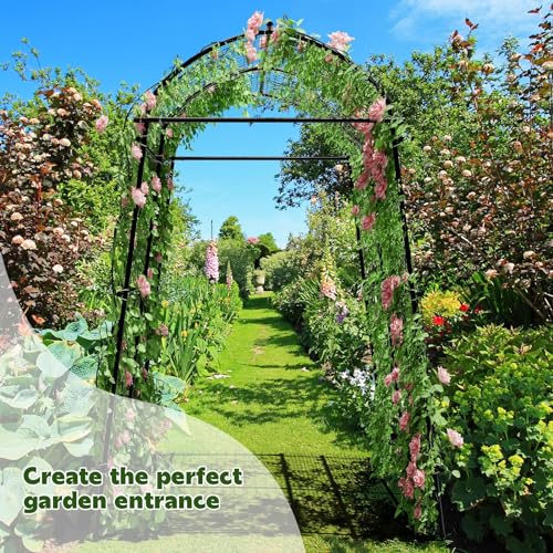 AGTEK 87" H×65" W Metal Garden Arch Trellis with Nylon Netting, 60LBS Load, Adjustable Width for Climbing Plants - size: 65"W x 87"H