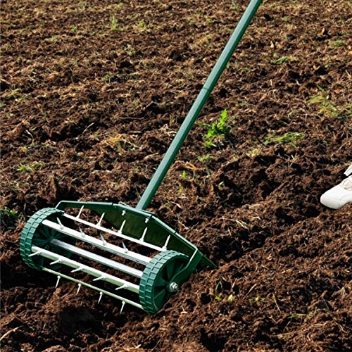 Goplus Rolling Lawn Aerator, 18-Inch Garden Yard Rotary Push Tine Heavy Duty Spike Soil Aeration, Manual Lawn Aeration Tool w/ 41-Inch Handle (Green w/Fender) - color: Green w/ Fender